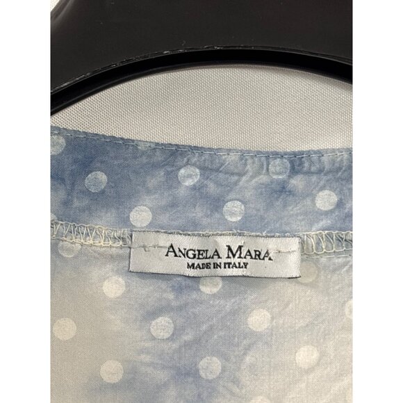 Angela Mara Polka Dot Viscose Button Front Blouse L Pocket Sequins Blue White - Picture 4 of 6